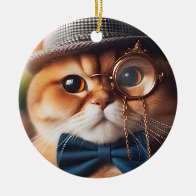 A Cat Wearing a Monocle VII Ceramic Ornament (Front)