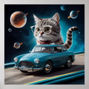 A cat wearing glasses driving a car on ... poster