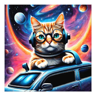 A cat wearing headphones and glasses on ... photo print
