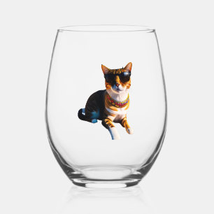 A cat wearing sunglasses  stemless wine glass