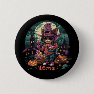 a cat with a basket of flowers and a cat with a ba 2 inch round button