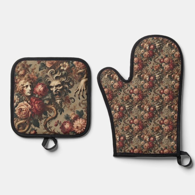 A Cautionary Flourish - Gothic Victorian  Oven Mitt & Pot Holder Set (Front)