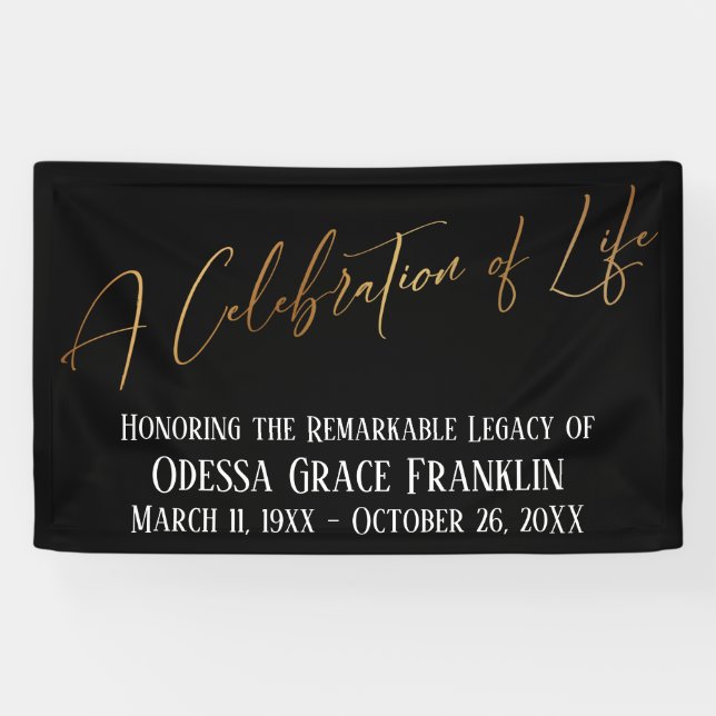 A Celebration of Life Gold Handwriting on Black Banner (Horizontal)