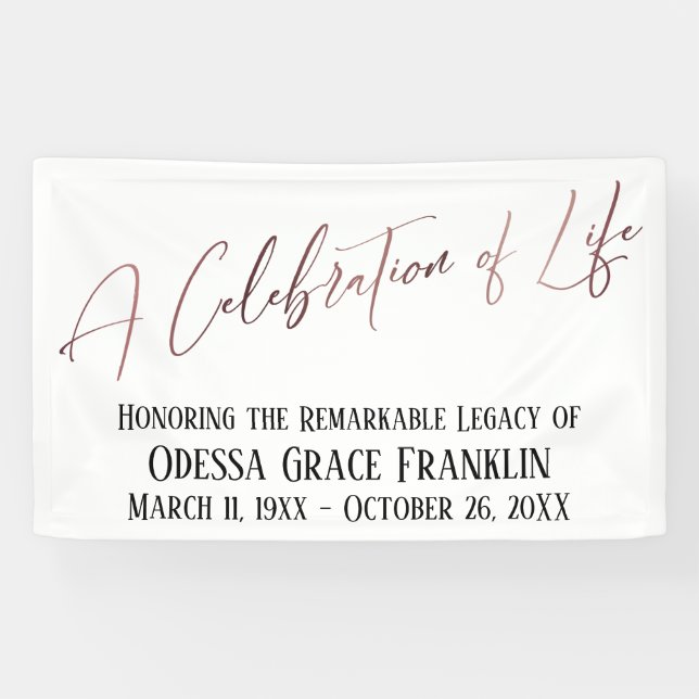 A Celebration of Life Rose Gold Modern Handwriting Banner (Horizontal)