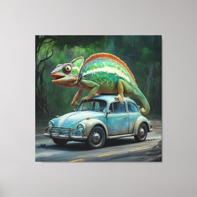 A chameleon perched on a car in a vibrant painting canvas print (Front)