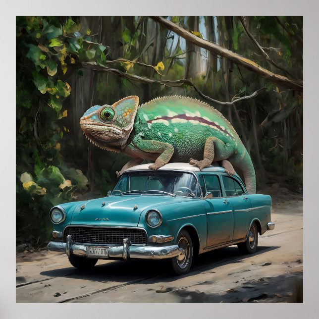 A chameleon perched on a car in a vibrant painting poster (Front)
