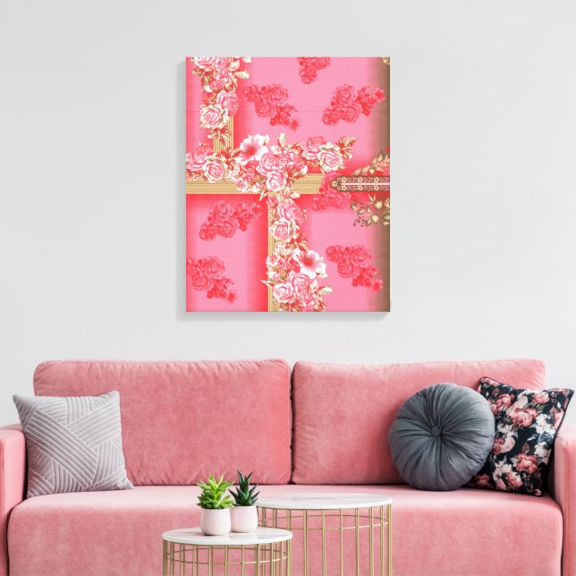 A charming floral pattern in shades of pink and go canvas print (Insitu(LivingRoom))