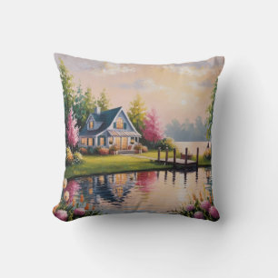 A charming lakeside cottage view throw pillow