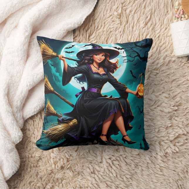 A charming witch with a pumpkin at twilight throw pillow (Blanket)