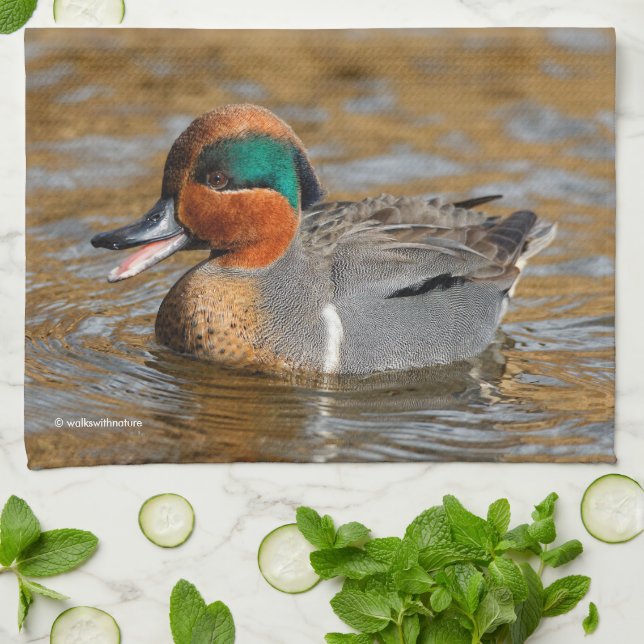 A Chatty Green-Winged Teal Duck at the Pond Kitchen Towel (Folded)