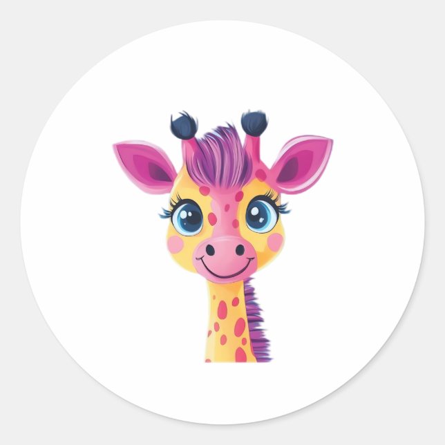 A cheerful and whimsical design of a young giraffe classic round sticker (Front)
