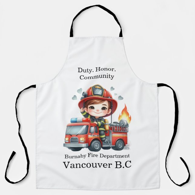 A cheerful firefighter in action on a bright truck apron (Front)