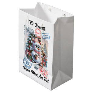 A Cheerful Snowman Beside a Festive Santa Sack Medium Gift Bag