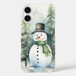 A cheerful snowman standing in a snowy winter wond iPhone 16 case