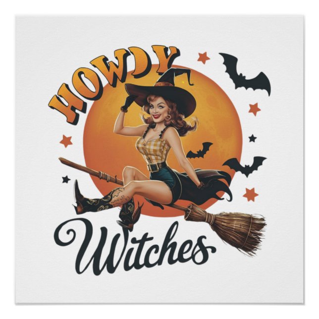 A cheerful witch riding a broomstick poster (Front)