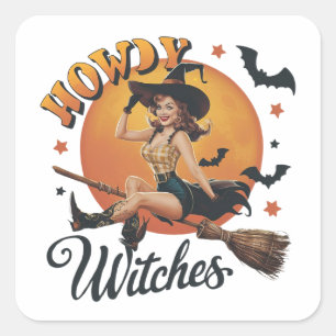 A cheerful witch riding a broomstick square sticker