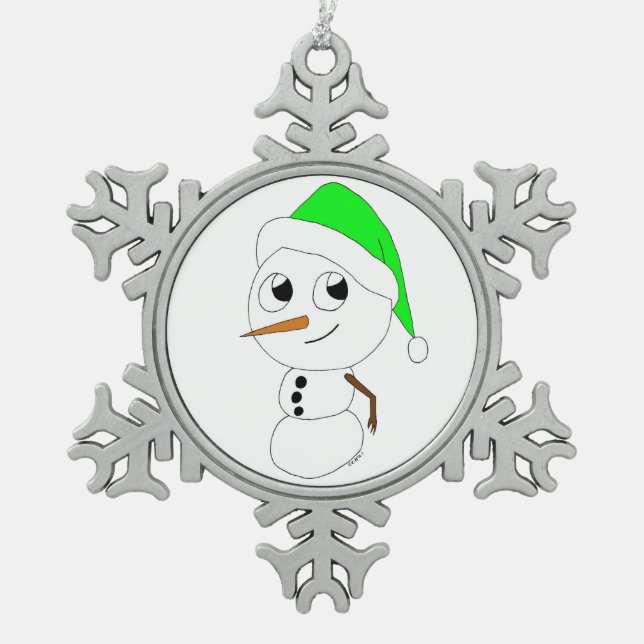 a chibi snowman     snowflake pewter christmas ornament (Front)
