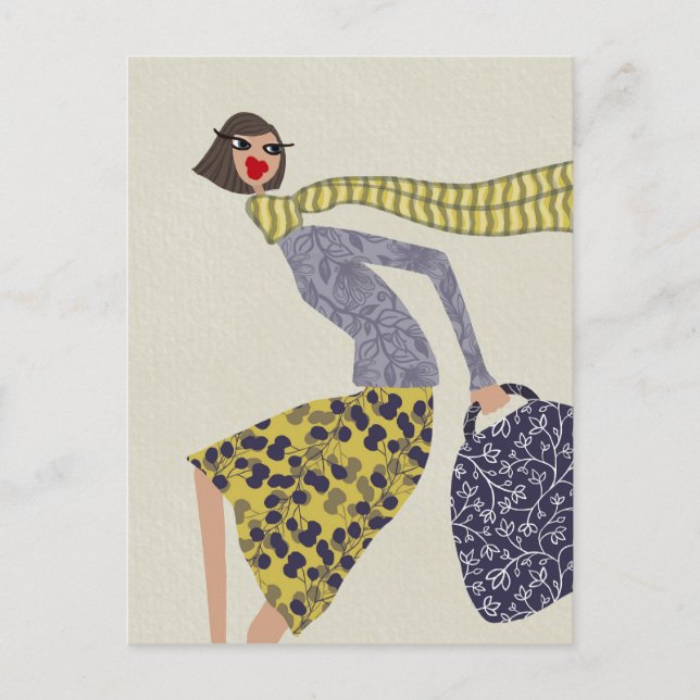 A Chic Fall Windy Day Fashion Illustration Postcard (Front)
