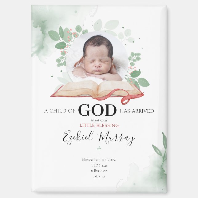A Child Of God Has Arrived Birth Announcement Card Magnet (Front)