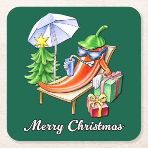 A Chili Merry Christmas under Sunshade and Tree Square Paper Coaster