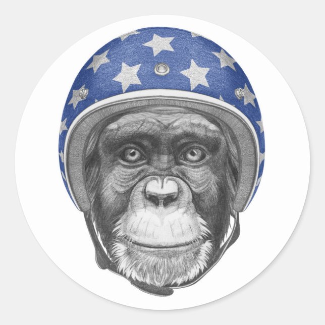 A Chimpanzee Motorcycle Rider Classic Round Sticker (Front)