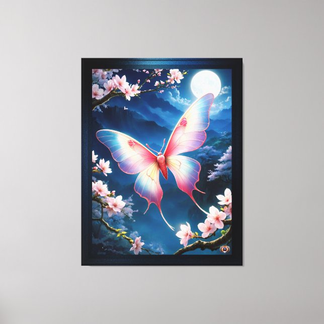 A Chinese Moon Moth Flying Amidst Cherry Blossoms Canvas Print (Front)