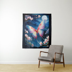 A Chinese Moon Moth Flying Amidst Cherry Blossoms Tapestry