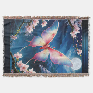 A Chinese Moon Moth Flying Amidst Cherry Blossoms Throw Blanket