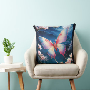 A Chinese Moon Moth Flying Amidst Cherry Blossoms Throw Pillow