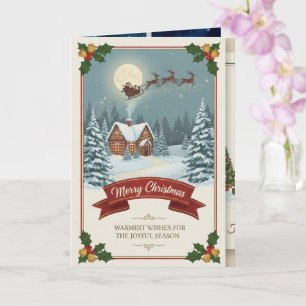 A Christmas card with snowy scenes, festive text, 