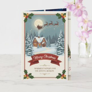 A Christmas card with snowy scenes, festive text, 