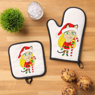 a Christmas chibi catgirl Oven Mitt & Pot Holder Set