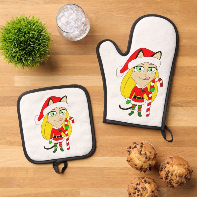 a Christmas chibi catgirl    Oven Mitt & Pot Holder Set (Top Down)