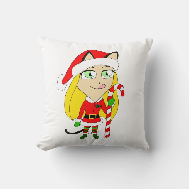 a Christmas chibi catgirl Throw Pillow (Front)
