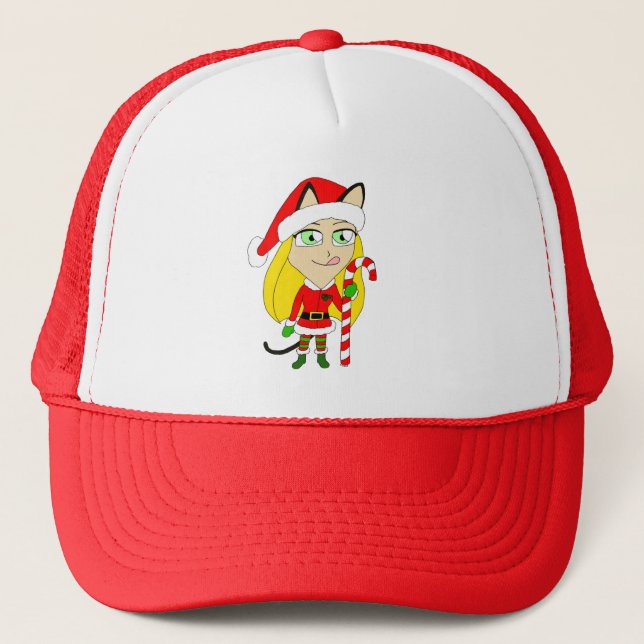 a Christmas chibi catgirl Trucker Hat (Front)