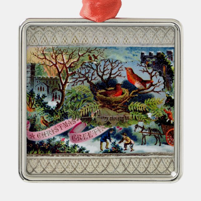 A Christmas Greeting, Victorian postcard Metal Ornament (Front)