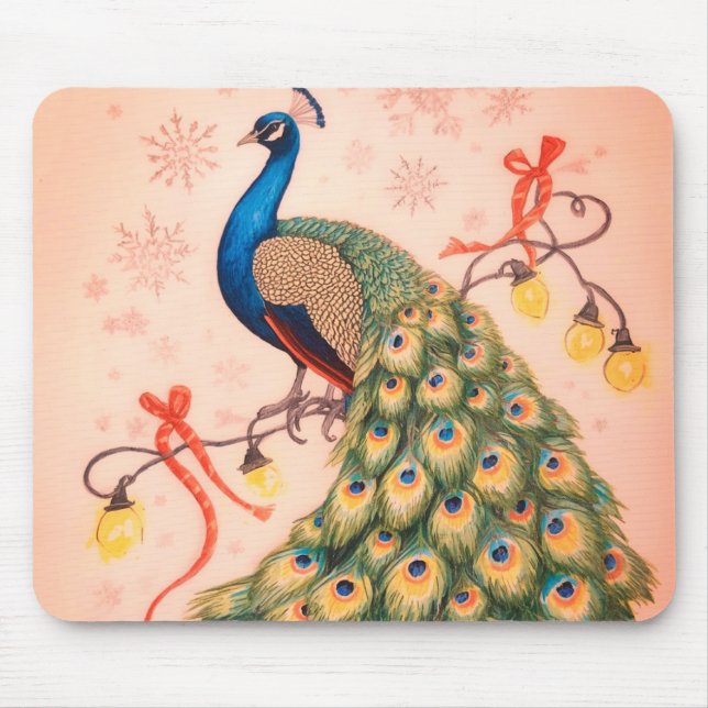 A Christmas Peacock Sitting Pretty on a Thick Mouse Pad (Front)