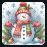 A Christmas Snowman on a Cold and Snowy Square Sticker<br><div class="desc">Make Memories With Your Family This Christmas</div>