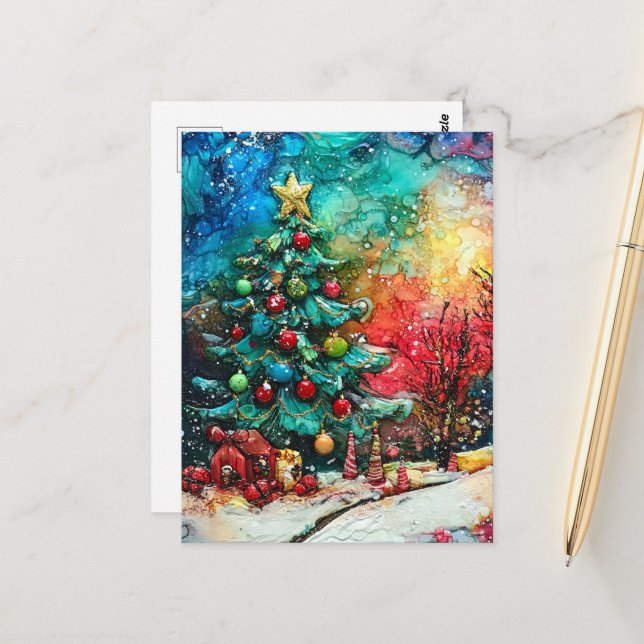 A Christmas Tree Alcohol Inks Postcard (Front/Back In Situ)