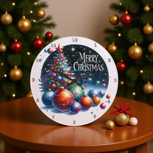 A Christmas Tree and Festive Ornaments Large Clock