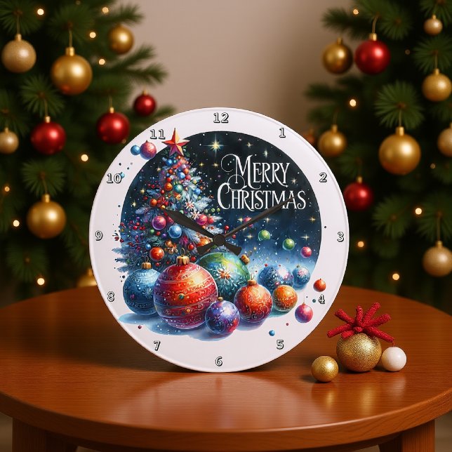 A Christmas Tree and Festive Ornaments Large Clock (Creator Uploaded)