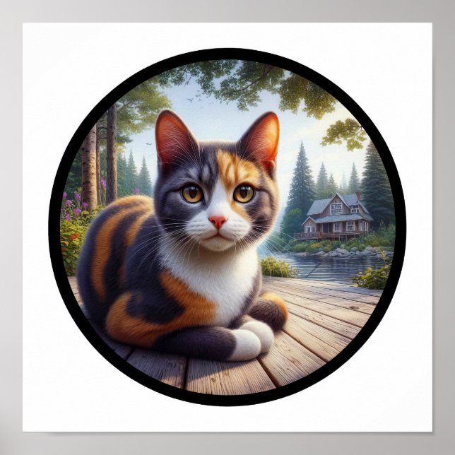 A circular 3D image of a beautiful Calico cat  Poster (Front)
