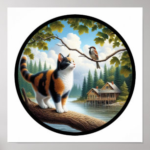 A circular 3D image of a beautiful Calico cat  Poster
