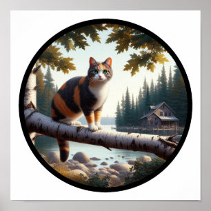 A circular 3D image of a beautiful Calico cat  Poster