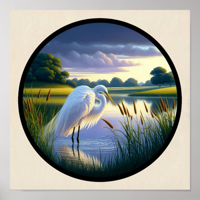 A Circular 3D Image of a Beautiful Great Egret  Poster (Front)
