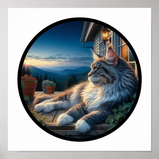 A Circular 3D Image of a Beautiful Maine Coon Cat  Poster (Front)