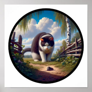A Circular 3D Image of a Beautiful Tuxedo cat Poster
