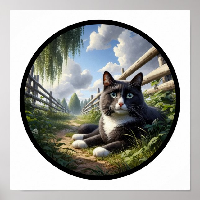 A Circular 3D Image of a Beautiful Tuxedo cat  Poster (Front)