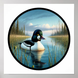 A Circular 3D Image of a Common Goldeneye Duck Poster