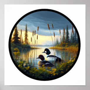 A Circular 3D Image of a Common Goldeneye Duck Poster